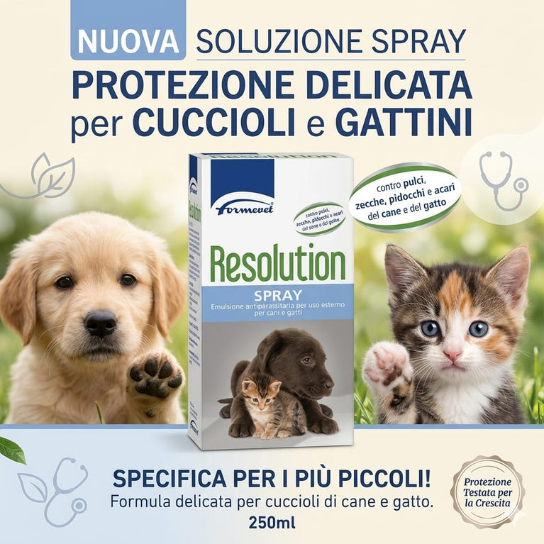Resolution SPRAY antiparasitario per cuccioli di CANE E GATTO contro pulci, zecche, pidocchi e acari 250ml - Sanny Passione Ornitologica