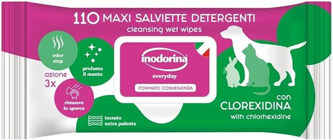 Inodorina, Refresh, Salviette Detergenti in Tessuto Resistente, con Agente Idratante, Emolliente e Protettivo, Per la Vita Quotidiana con il Tuo Animale, Profumazione Clorexidina,