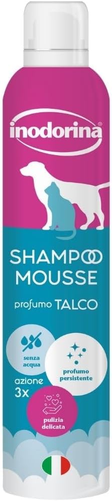 Inodorina Shampoo Secco per Cani, Gatti e Cuccioli (300 ml, Profumo di Talco) – Mousse ad Azione emolliente e detergente – Rispetta Il PH Naturale, Ideale per lavaggi frequenti
