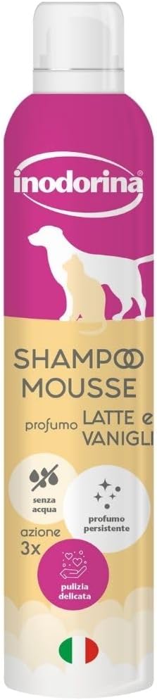 Inodorina Shampoo secco per cani, gatti e cuccioli (300 ml, Profumo di latte e vaniglia) – Mousse ad azione emolliente e detergente – Rispetta il pH naturale, ideale per lavaggi frequenti