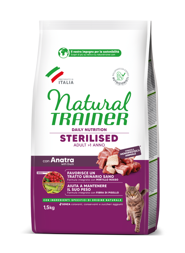 Natural Trainer Daily Nutrition Sterilised – Crocchette Gatto con Anatra | Formula Monoproteica