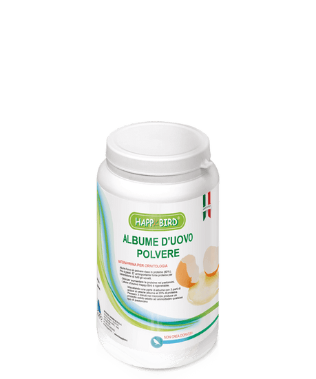 Albume d'uovo in polvere adatto per uccelli. Contenitore da 500 gr con chiusura ermetica. Prezzo 11 euro