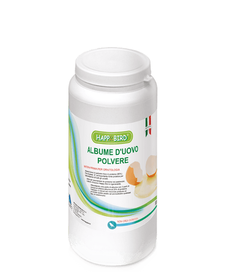 Albume d'uovo in polvere adatto per uccelli. Contenitore da 800 gr con chiusura ermetica. Prezzo 17 euro.