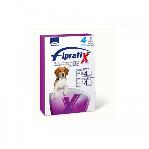 FIPRATIX ANTIPARASSITARIO. Per cani di taglia&nbsp;MEDIA&nbsp;DA 4 a 10 kg  ogni pipetta efficace contro i principali parassiti esterni del cane:&nbsp;pulci, zecche, flebotomi e zanzare per 4 settimane&nbsp;CONFEZIONE CONTENENTE 4 PIPETTE DA 2,20 ML  con&nbsp;sistema salva goccia&nbsp;